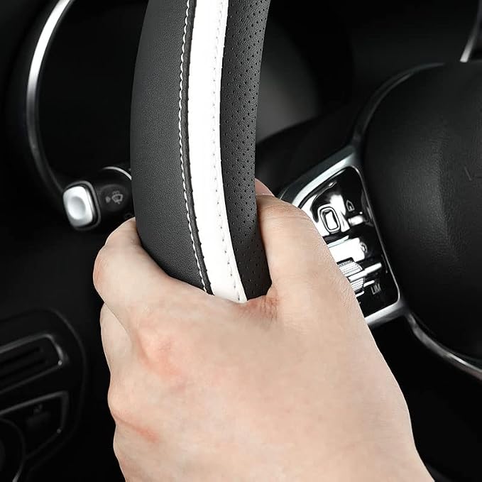 Car Steering Wheel Cover, Leather Steering Wheel Cover White Universal 14.5-15 - Image 4