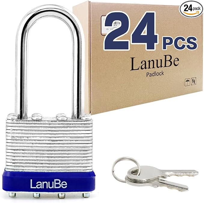 LanuBe Laminated Padlock 1-9/16inch Long Shackle 24 Pack Keyed Alike, Bulk Locks by LanuBe