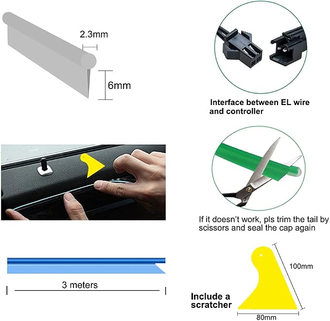 El Wire Yellow Interior Car LED Strip Lights, 3M Neon Wire USB 5V - Image 4