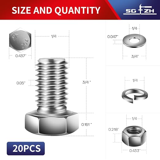 1/4-20 x 3/4" Hex Head Screw Bolt, Flat & Lock Washers, Fully Threaded - Image 2