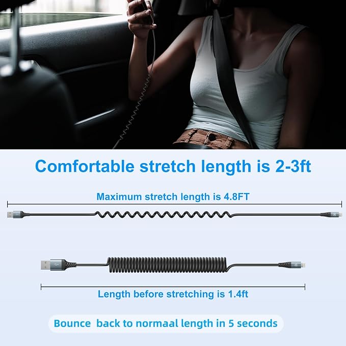 iPhone Charger Cable for Car, Coiled Lightning Cable 2 Pack Lightning Cord - Image 6