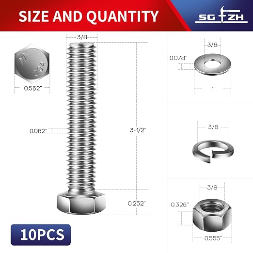 3/8-16 x 3-1/2" Hex Head Screw Bolt, Flat & Lock Washers, Fully Threaded - Image 2