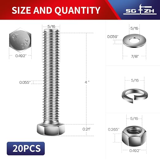 5/16-18 x 4" Hex Head Screw Bolt, Flat & Lock Washers, Fully Threaded, by SG TZH - Image 2