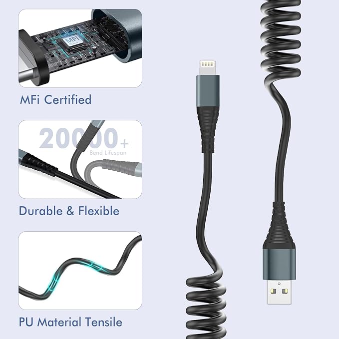 Coiled Lightning Cable 6FT, 2 Pack MFi Certified Retractable iPhone Car Charger - Image 5