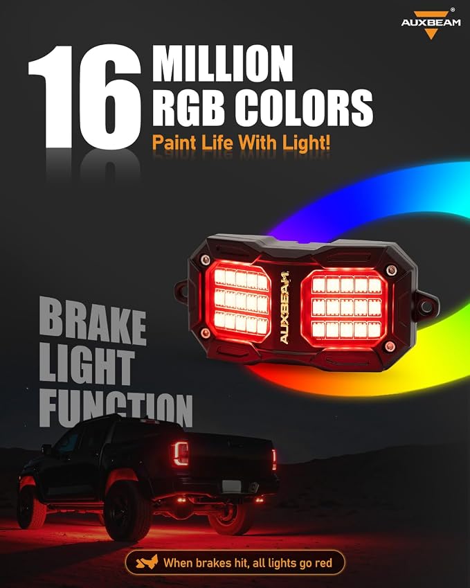 Auxbeam 4 Pods LED Rock Lights w/Brake Mode, Chasing Color RGB Wheel Well - Image 2