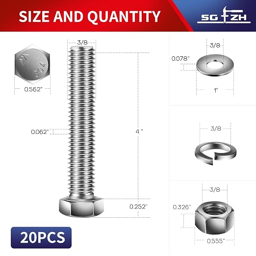3/8-16 x 4" Hex Head Screw Bolt, Flat & Lock Washers, Fully Threaded, by SG TZH - Image 2