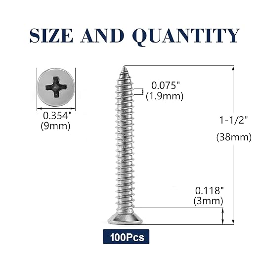 #10 x 1-1/2" Wood Screw 100Pcs 18-8 Stainless Steel Screws Flat Head Phillips - Image 2