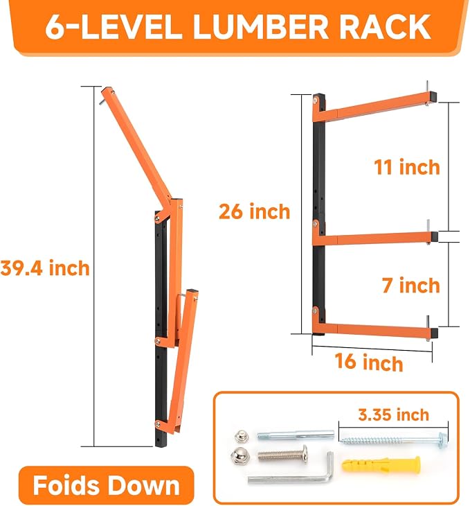 4 Pack Lumber Rack Wall Mount, Heavy Duty Wood Storage Racks, 6-Level System - Image 2