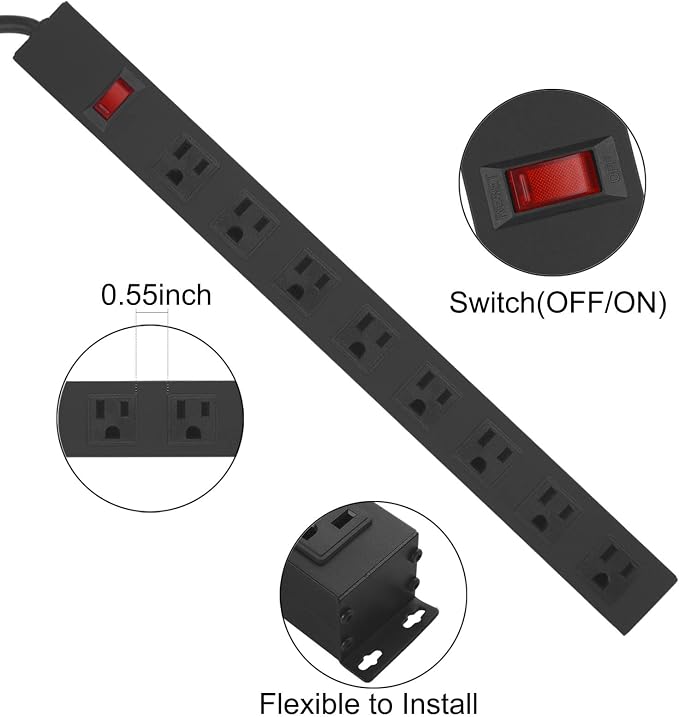2Pack Metal 8 Outlet Mountable Power Strip, Wall Mount Outlet Heavy Duty - Image 3