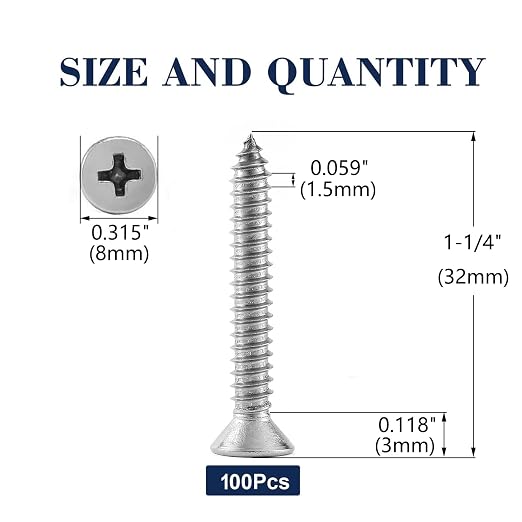 #8 x 1-1/4" Wood Screw 100Pcs 18-8 Stainless Steel Screws Flat Head Phillips - Image 2