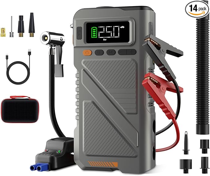 Car Jump Starter with Air Compressor 9000A, 9 in 1 Jumper Box by Geeneu