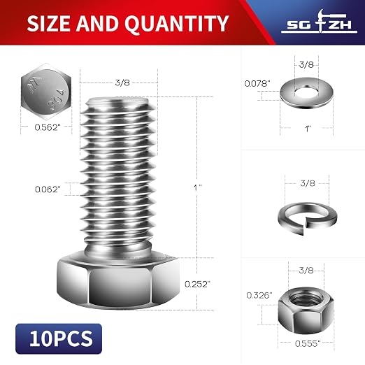 3/8-16 x 1" Hex Head Screw Bolt, Flat & Lock Washers, Fully Threaded, by SG TZH - Image 2
