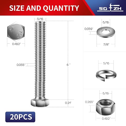5/16-18 x 6" Hex Head Screw Bolt, Flat & Lock Washers, Fully Threaded, by SG TZH - Image 2