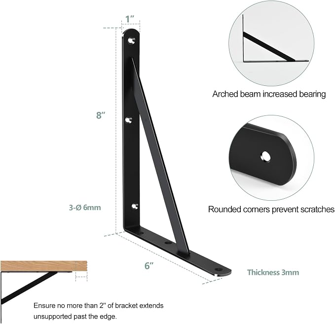 16 Pack L8 x H 6" Black Heavy Duty Shelf Brackets - Image 2