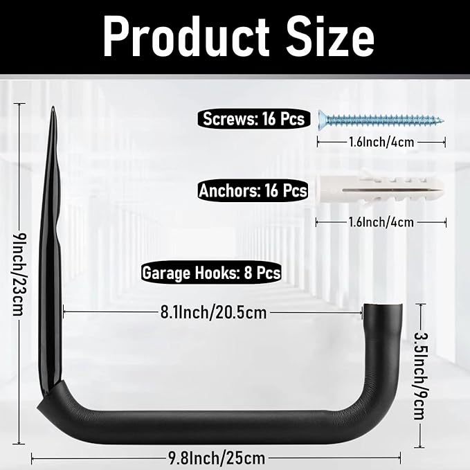 8 Pack Ladder Hooks 9.8Inch Garage Storage Utility Hook Heavy Duty Wall Mounted - Image 2