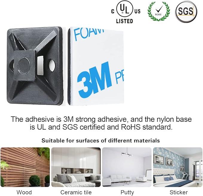 200pcs 3/4" 3M Back-Glue Self Adhesive Black Strong Cable Zip Tie Mounts - Image 7