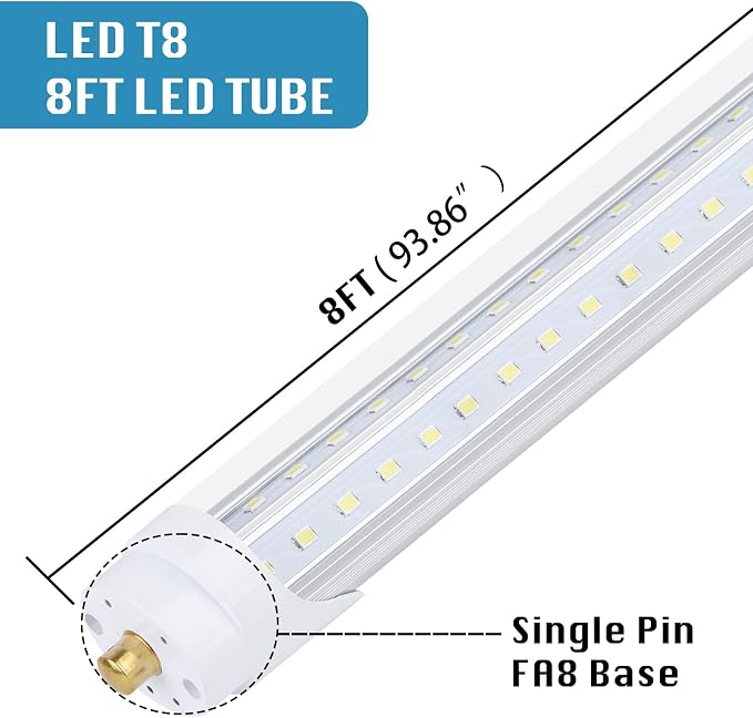 25 Pack, T8/T10/T12 8FT LED Tube Light, Single Pin FA8 Base, 100W 6000LM 6000K - Image 2