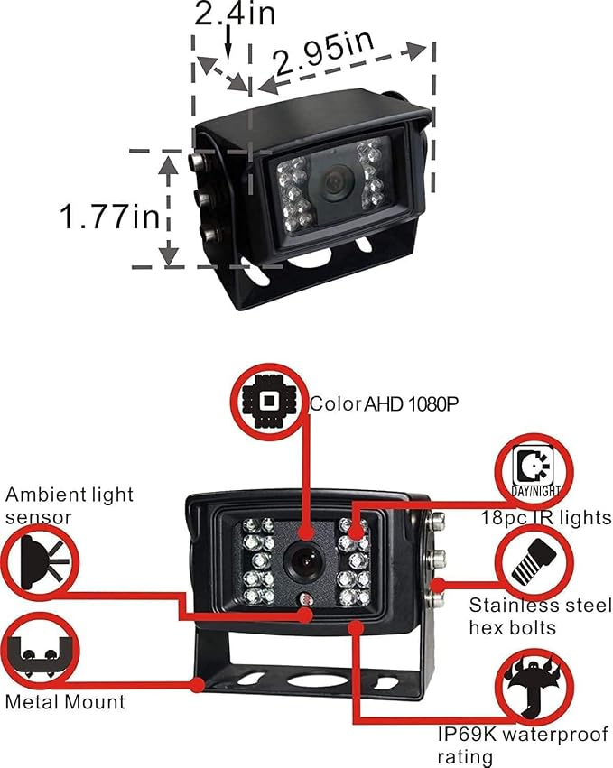 AHD 1080P 7" Reverse Rear View Backup Dual Camera System, Two Cameras - Image 5