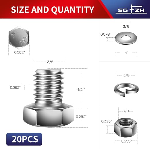 3/8-16 x 1/2" Hex Head Screw Bolt, Flat & Lock Washers, Fully Threaded - Image 2