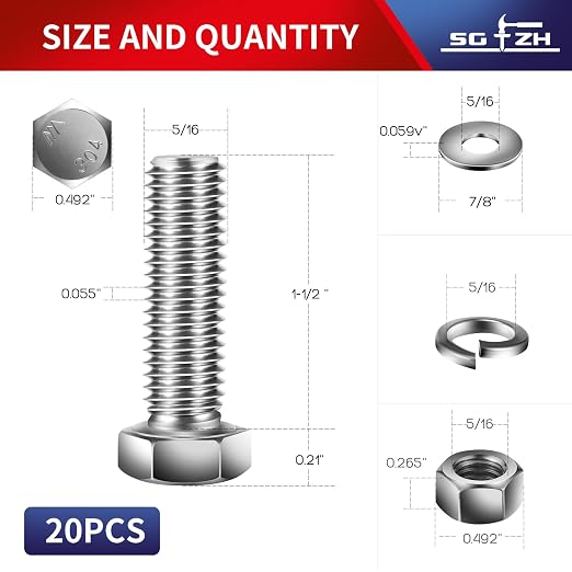 5/16-18 x 1-1/2" Hex Head Screw Bolt, Flat & Lock Washers, Fully Threaded - Image 2