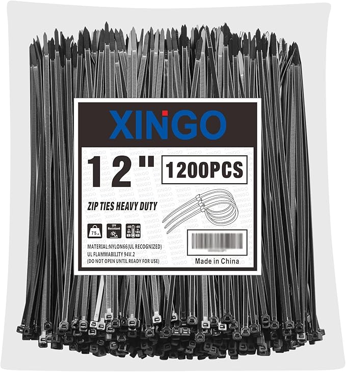 XINGO 12 Inch Black Zip Ties 1200 PCS, 75 LBS Tensile Strength, UV Resistant by XINGO