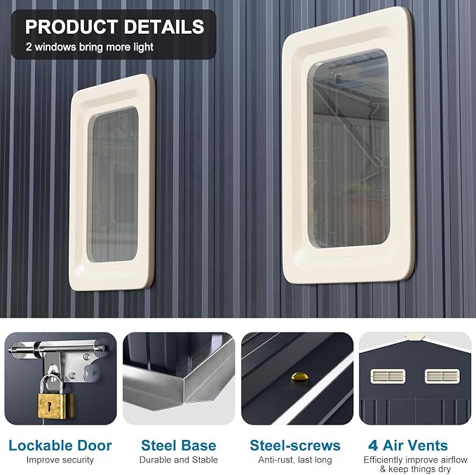 10x10 FT Metal Shed Large Waterproof Outdoor Tools Storage - Image 5