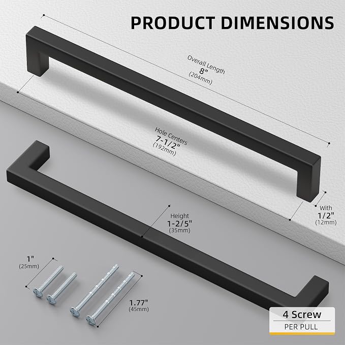 goldenwarm 50 Pack 7-1/2in Black Square Bar Cabinet Pull Drawer Handle - Image 2