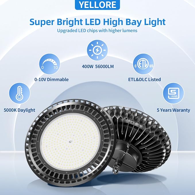 400W LED High Bay Light 56000LM 5000K 120VAC UFO Light IP65 Waterproof Dimmable - Image 2