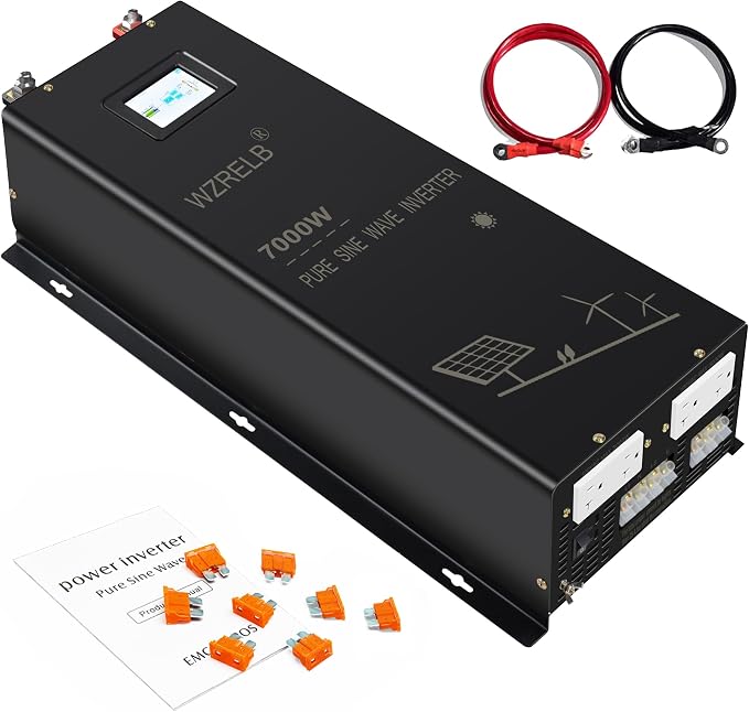 WZRELB 7000W Pure Sine Wave Inverter, 24V DC to 120V 240V AC, 4 AC Outlets by WZRELB