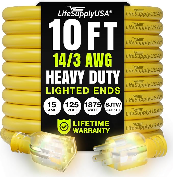 10ft Outdoor/Indoor Extension Cord 14/3 Gauge Heavy Duty 3 Prong SJTW, by LifeSupplyUSA