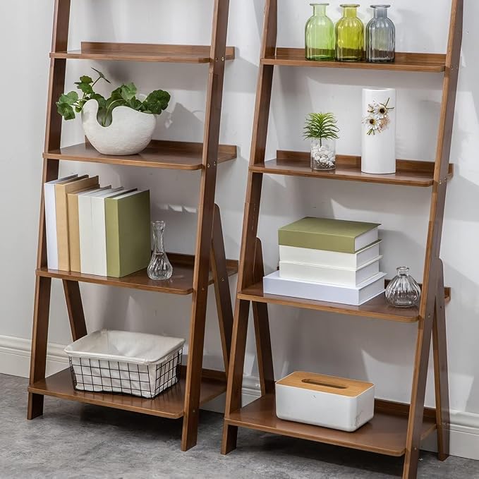 Maydear Bamboo Ladder Shelf Bookcase, 5-Tier Leaning Bookshelf Free Standing - Image 6