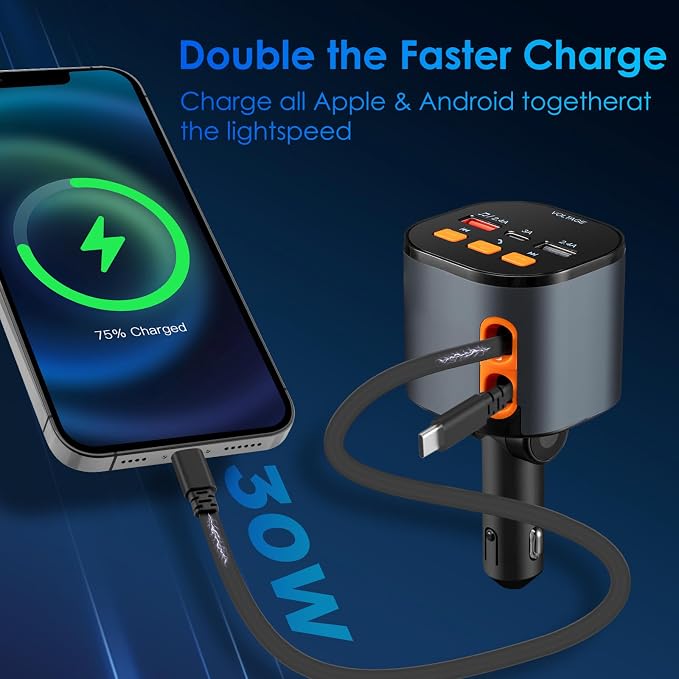 Retractable Car Charger, 5 in 1 Fast Car Phone Charger 90W, Handsfree Call - Image 3