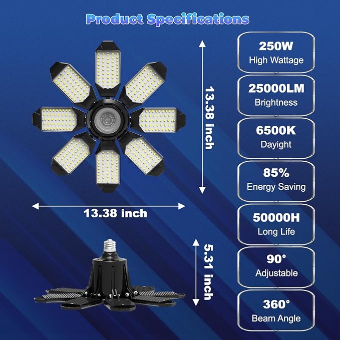 Garage Lights - Super Bright 25000LM Garage Lights Ceiling Led w/ 8 Deformable - Image 8