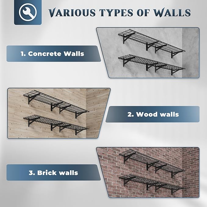 4 Pack Heavy Duty Garage Wall Shelving Set, Wall Mounted Garage Shelves 1000lbs - Image 3