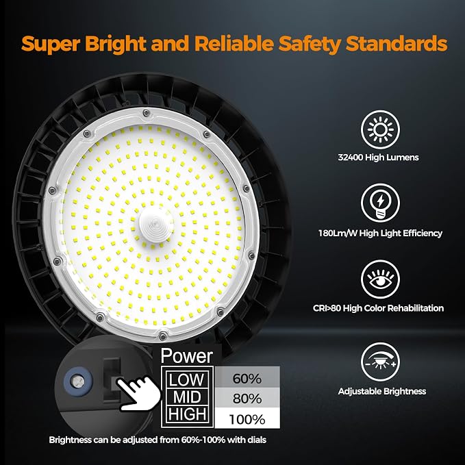 High Bay Lights 180W LED UFO Light LED Shop Lights 32400 LM 6000K IP65 - Image 2