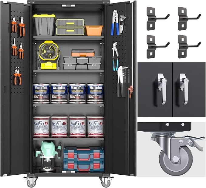 72" Metal Storage Cabinet with Wheels and Pegboard, Lockable Rolling Steel by SUXXANFurniture