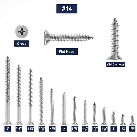 #14 x 1-1/4" Wood Screw 100Pcs 18-8 Stainless Steel Screws Flat Head Phillips - Image 3