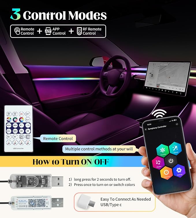 KENANEK Acrylic Interior Car LED Strip, 10 in 1 USB/Type C Interface Colorful - Image 4