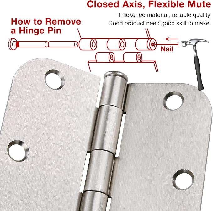 18 Pack Rounded Brushed Nickel Door Hinges 3-1/2" x 3.5 Inch 5/8 Radius - Image 5