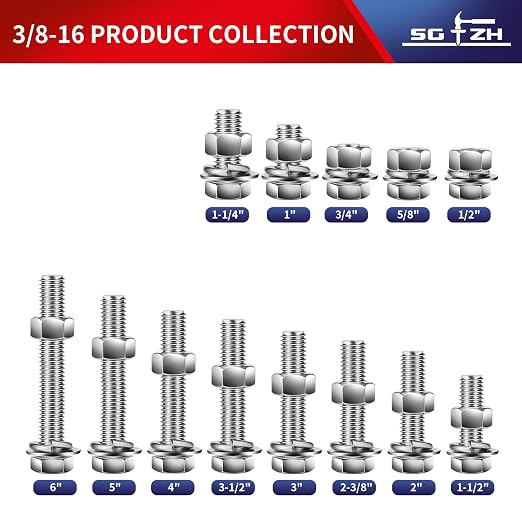 3/8-16 x 5" Hex Head Screw Bolt, Flat & Lock Washers, Fully Threaded, by SG TZH - Image 3