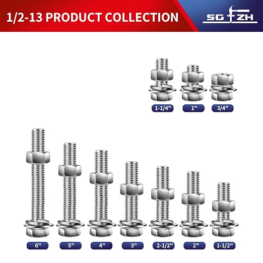 1/2-13 x 2-1/2" Hex Head Screw Bolt, Flat & Lock Washers, Fully Threaded - Image 3
