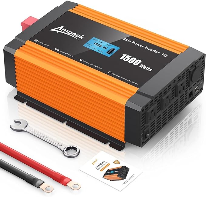 Ampeak 1500W Power Inverter 6.2A Dual USB Ports 3AC Outlets Inverter DC 12V to by Ampeak