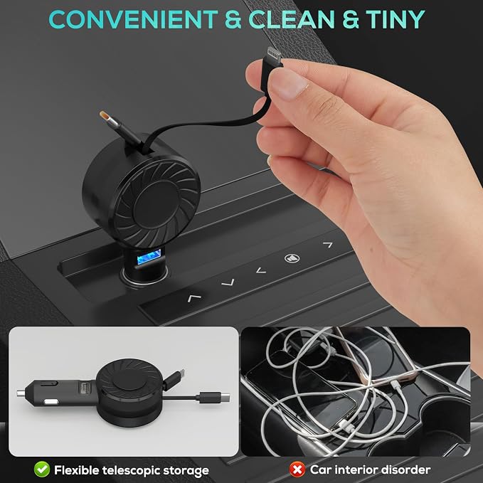Retractable Car Charger, 3 in 1 Fast Charging Phone Charge 50W, Mini Car Adapter - Image 4