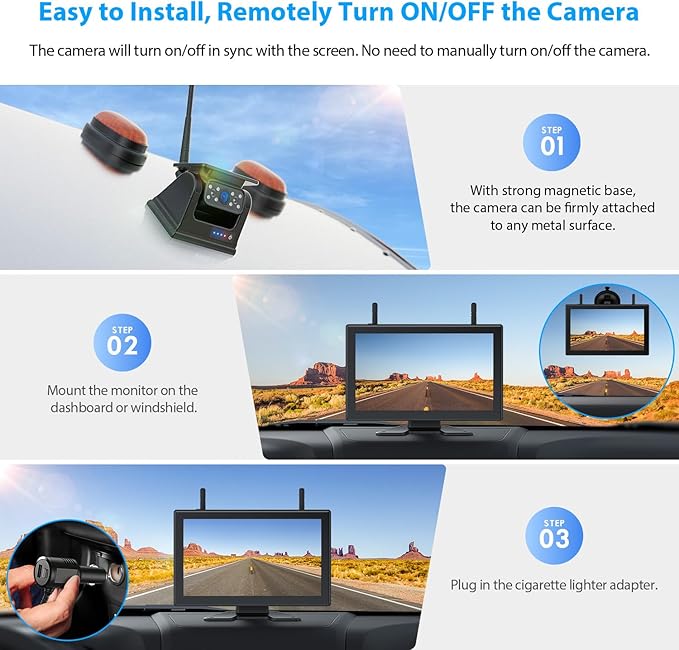 3 Magnetic Solar Wireless Backup Camera HD1080P Loop Recording 10.1 Inch - Image 2