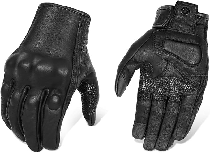 Updated Full Finger Leather Motorcycle Gloves Phone Touch Goat Skin Black by KAIWENDE