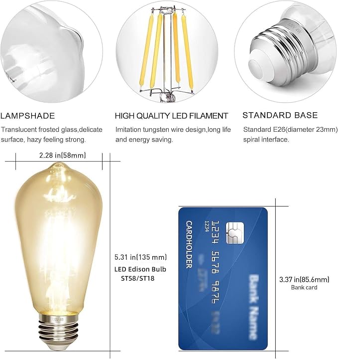 LED Edison Bulb 4W, Antique 40W Vintage Edison Bulb, E26 Light Bulb Non - Image 2