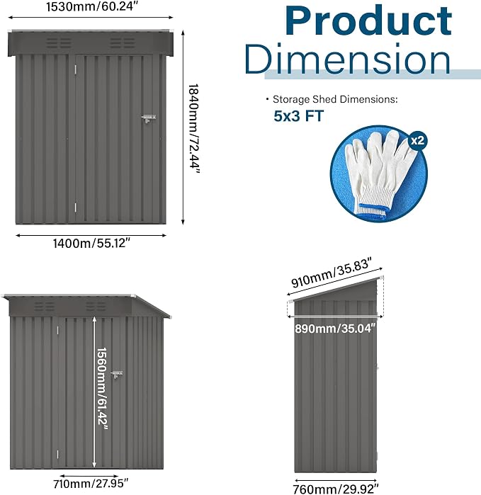 5X3 FT Metal Outdoor Storage Shed, Waterproof Tool House - Image 3