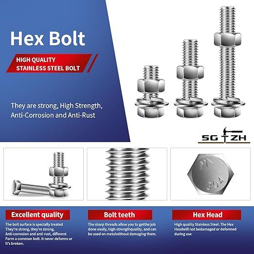 1/2-13 x 5" Hex Head Screw Bolt, Flat & Lock Washers, Fully Threaded, by SG TZH - Image 4