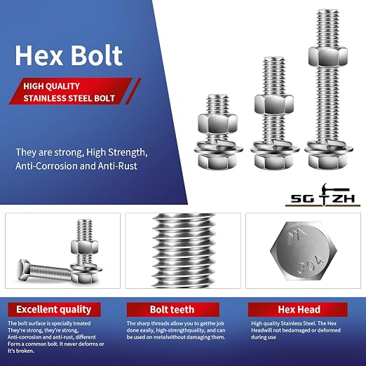 5/16-18 x 6" Hex Head Screw Bolt, Flat & Lock Washers, Fully Threaded, by SG TZH - Image 4