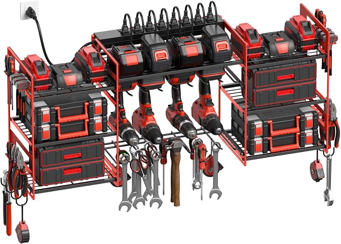 CCCEI Red Power Tool Organizer Wall Mount, Large Tools and Battery Storage Rack by CCCEI